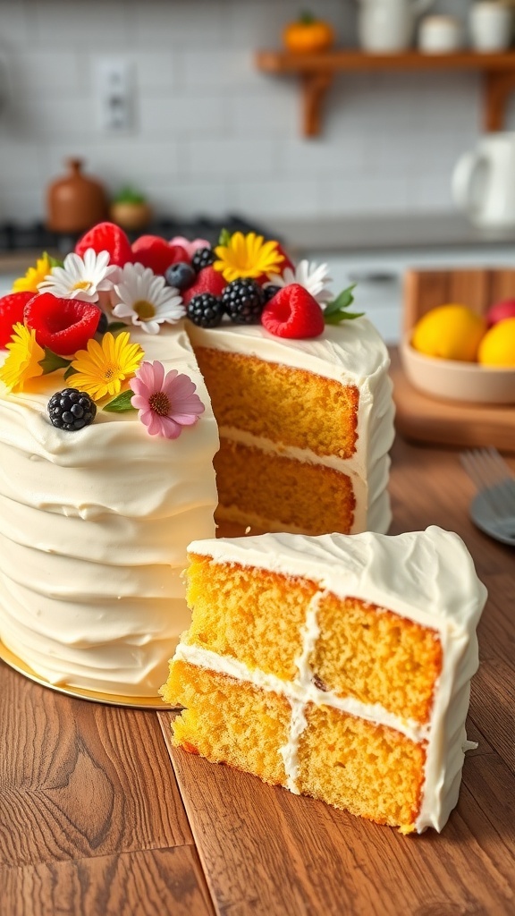 A moist butter yellow cake with frosting and fresh fruit, displayed on a wooden table.